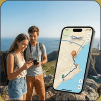 Two hikers planning a mountain route on a phone next to a trail map