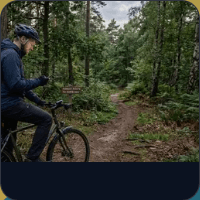 A cyclist checking a phone on a forest trail