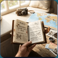 A travel journal of saved places open on a map beside a camera