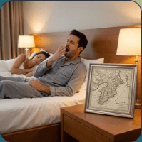 A guest in a hotel room looking at a local map on the nightstand