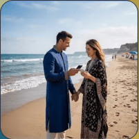 Two travelers on a beach looking at Avento together on a phone