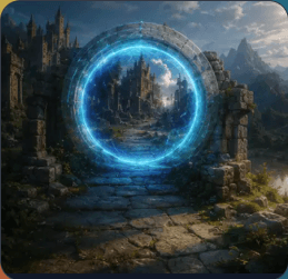 A glowing circular AR portal opening onto a castle in ancient ruins