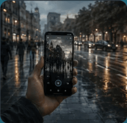 A phone held up on a rainy street revealing a hidden AR layer